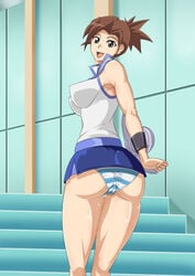 1girls alyssa_(yu-gi-oh!_duel_links) black_eyes brown_hair duel_disk female female_focus female_only happy impossible_clothes looking_at_viewer miniskirt navy_blue_skirt nipple_bulge obelisk_blue_uniform panties perky_breasts presenting presenting_hindquarters presenting_panties shiny_clothes shiny_skin skirt smile solo solo_female solo_focus voluptuous yu-gi-oh! yu-gi-oh!_duel_links