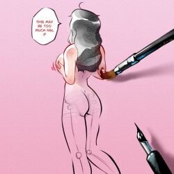 back_view big_ass big_breasts black_hair breast_grab brush english_text funny guih_png hidden_face naked_female nude_female talking_to_self thinking unfinished white_skin