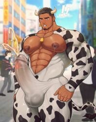 bara bara_tiddies bara_tits big_areola big_pecs bovine cow_ears cow_horns cow_print cowbell cum cumming dark-skinned_male exhibitionism gay gay_male gay_sex male male_lactation male_only masturbation milk milking muscles muscular muscular_male nipple_piercing nipples penis pierced_nipples piercing toto_(artist) touching_penis