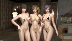 3d 3girls alluring bare_legs begs3 big_breasts bikini black_and_blue_hair black_and_brown_hair blue_eyes breasts brown_eyes dead_or_alive dead_or_alive_xtreme_venus_vacation female misaki_(doa) nanami_(doa) one-piece_bikini reika_(doa) tecmo under_boob