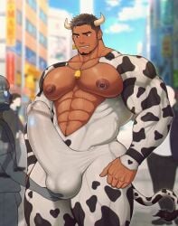 bara bara_tiddies bara_tits big_areola big_pecs bovine cow_ears cow_horns cow_print cowbell cum cumming dark-skinned_male exhibitionism gay gay_male gay_sex male male_lactation male_only masturbation milk milking muscles muscular muscular_male nipple_piercing nipples penis pierced_nipples piercing toto_(artist) touching_penis