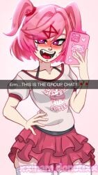 1girls absolute_territory artist_name breasts collarbone doki_doki_literature_club english_text eyes_visible_through_hair fang female frilly frilly_clothing frilly_skirt group_chat groupchat mouth_open natsuki_(doki_doki_literature_club) navel_visible_through_clothes oerba_yun_fang open_mouth phone phone_case pink_eyes pink_hair pink_skirt selfie skirt snapchat socks solo solo_female sticker stickers teeth teeth_showing text text_on_clothing text_on_shirt text_on_topwear thighs tongue tongue_out xx.ham.donut.xx zettai_ryouiki