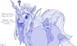 2018 alicorn anatomically_correct anatomically_correct_pussy animal_genitalia animal_pussy anus changeling clitoris crown dialogue disembodied_hands dock english_text equine equine_pussy faceless_male fangs female female_focus feral friendship_is_magic hair highres horn horse human interspecies looking_back male male_human/female_feral male_on_feral mammal mare monochrome my_little_pony nude offscreen_character pony precum pusspuss pussy queen_chrysalis_(mlp) secretly_loves_it simple_background solo_focus spread_anus spreading straight text tongue until_they_like_it urethra vulva white_background wings zoophilia