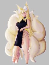 animal_ear_fluff animal_ears aroused big_ass big_balls big_breasts big_butt big_nipples big_penis big_thighs black_dress blonde_hair boobsartist breasts closed_mouth cum cum_drip dress dress_lift ear_fluff erection female fox fox_ears fox_girl fox_tail fox_tails futa_only futanari gray_background hair_between_eyes intersex kitsune long_fox_ears long_hair looking_at_viewer multiple_tails pale-skinned_female pale_skin penis smile solo standing tall vein veins veiny veiny_penis yellow_eyes yellow_hair