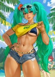 2girls beach brazilian_miku detailed_background hatsune_miku looking_at_viewer mirco_cabbia sciamano240 teto vocaloid