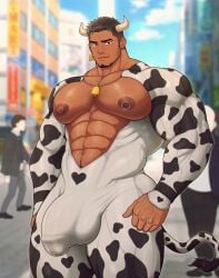 bara bara_tiddies bara_tits big_areola big_pecs bovine cow_ears cow_horns cow_print cowbell cum cumming dark-skinned_male exhibitionism gay gay_male gay_sex male male_lactation male_only masturbation milk milking muscles muscular muscular_male nipple_piercing nipples penis pierced_nipples piercing toto_(artist) touching_penis