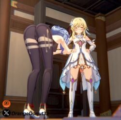1futa 1girls 3d blue_hair futanari ganyu_(genshin_impact) genshin_impact horn horns lumine_(genshin_impact) oral orangedonut33 prostitution tagme vaginal_penetration video