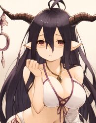 ahoge alternative_costume bandaged_arm bandages bangs bare_arms bare_shoulders bikini bikini_bottom bikini_top black_hair breasts clavicle cleavage clothing danua danua_(summer)_(granblue_fantasy) draph_race_(granblue_fantasy) ear female female_only front-tie_bikini front-tie_bikini_top front-tie_top granblue_fantasy hair_between_eyes hand_up high_resolution horn_ornament horns jewelry koretsuki_azuma large_breasts leaning_forward long_hair looking_at_viewer navel necklace official_alternative_costume open_mouth parted_lips pixiv_id_19867341 pointed_ears red_eyes shaded_face side-tie_bikini side-tie_bikini_bottom side-tie_clothing side-tie_swimsuit sidelocks solo stomach swimsuit upper_body very_long_hair white_bikini white_swimsuit