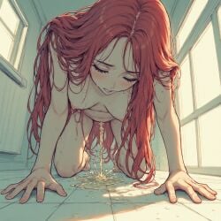blush long_hair peeing peeing_on_floor pink_nipples red_hair white_skin