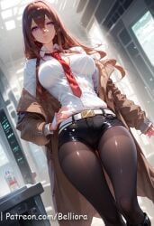 ai_generated ass_visible_through_thighs belliora belt belt_buckle black_pantyhose black_shorts blue_eyes blurry blurry_background blush breast_pocket breasts brown_coat brown_hair brown_jacket buckle ceiling ceiling_light closed_mouth coat collared_shirt curtains depth_of_field dress_shirt dutch_angle feet_out_of_frame female from_below hair_between_eyes hands_on_own_hips indoors jacket long_hair long_sleeves looking_at_viewer looking_down makise_kurisu medium_breasts necktie off_shoulder open_clothes open_jacket pantyhose pantyhose_under_shorts pocket purple_eyes red_hair red_necktie shirt shirt_tucked_in short_shorts shorts sidelocks smile solo standing steins;gate steins;gate_0 straight_hair thighs white_belt white_shirt