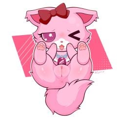 2025 anus blush chibi clitoral_hood digital_drawing_(artwork) digital_media_(artwork) fangs felid feline female feral fur garnet_(jewelpet) gem genitals hi_res jewelpet jewelry mammal necklace one_eye_closed open_mouth pawpads pearl_(gem) pearl_necklace pink_body pink_eyes pink_fur pink_inner_ear pink_pawpads presenting presenting_pussy presenting_vulva pussy raised_leg red_bow ruby_(gem) sanrio sega_fave simple_background solo spread_legs spreading tail tail_aside teeth vulva zyuuniie