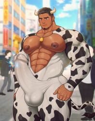 bara bara_tiddies bara_tits big_areola big_pecs bovine cow_ears cow_horns cow_print cowbell cum cumming dark-skinned_male exhibitionism gay gay_male gay_sex male male_lactation male_only masturbation milk milking muscles muscular muscular_male nipple_piercing nipples penis pierced_nipples piercing toto_(artist) touching_penis