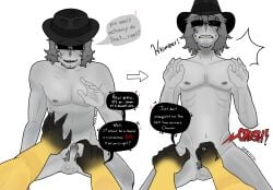 2boys cbt chance_(forsaken) claws cock_and_balls_torture dialogue divineflesh_(artist) erection fedora forsaken_(roblox) gay gay_male gay_sex grey_hair grey_skin hat humiliating humiliation humiliation_fetish hurt_expression mafioso mafioso_(forsaken) male male/male male_on_male male_only muscular muscular_male nervous nervous_expression nervous_male nervous_smile nervous_sweat no_background pain point_of_view pov pubic_hair roblox roblox_game robloxian self_upload size_difference size_shaming small_penis small_penis_humiliation speech_bubble sunglasses sweatdrop sweating text threatening yaoi yellow_skin