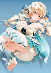 bare_shoulders barefoot berret blonde_hair blush blushing_at_viewer breasts casino_(casinoep) fairy fairy_wings female flower flower_in_hair green_eyes hair_ornament hololive hololive_gen_5 hololive_japan legs_up lying_on_back medium_breasts momosuzu_nene orange_nail_polish ribbon shorts smile smiling smiling_at_viewer soles teeth teeth_showing thigh_strap toes twintails