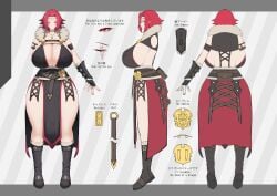 1girls adventurer bellona_the_rose_(furel) boots breasts breasts_bigger_than_head character_sheet circlet clothed female leather_armor massive_breasts missing_arm missing_eye swordswoman warrior yasume_(cheap_melon_soda)