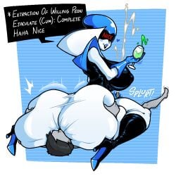 1boy 1girls anon anonymous_male ass battery_acid big_ass black_boots boots cum cumshot deltarune erection facesitting female femdom gastrictank gloves grey_body high_heel_boots huge_ass light-skinned_male light_skin looking_back male malesub penis queen_(deltarune) sitting straight throne undertale_(series) y/n