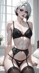 1girls ai_generated arlecchino_(genshin_impact) black_lingerie bra dominatrix female garter_belt garter_straps genshin_impact goth goth_girl lingerie panties red_lips stockings