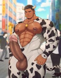 bara bara_tiddies bara_tits big_areola big_pecs bovine cow_ears cow_horns cow_print cowbell cum cumming dark-skinned_male exhibitionism gay gay_male gay_sex male male_lactation male_only masturbation milk milking muscles muscular muscular_male nipple_piercing nipples penis pierced_nipples piercing toto_(artist) touching_penis