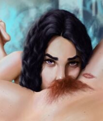 2d 2girls black_hair cd_projekt_red completely_nude cunnilingus deivhoyna eating_pussy feet_up female kiss_mark light-skinned_female looking_at_viewer mascara nude pubic_hair purple_eyes pussy spread_legs the_witcher_(series) the_witcher_3:_wild_hunt triss_merigold yennefer yuri