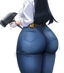 arato_nagi ass ass_focus bell bellone belt black_hair denim female female_focus from_behind gloves hammer highres holding holding_hammer huge_ass jeans long_hair motion_lines nagi_arato pants ruri_no_houseki ruri_rocks shirt simple_background solo white_background white_gloves white_shirt