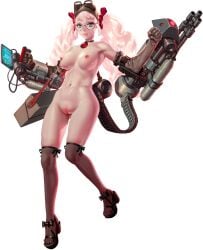 absurdres armpits artist_request bare_shoulders black_bow blue_eyes bow breasts brooke_(crystal_maidens) cleavage closed_mouth crystal_maiden_(series) female full_body game_cg glasses goggles goggles_on_head gun hairbow highres machine_gun mechanical_arms navel nipples nude official_art pussy red_bow screen solo strap transparent_background weapon white_hair