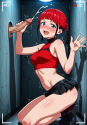 1boy :d ai_generated asukagawa_chise bare_arms bare_legs bare_shoulders black_footwear black_skirt black_socks blue_eyes blunt_bangs blush braid breasts cheerleader clothing crop_top cum ejaculation erection female female gridman_universe hand_up handjob indoors jousneystudio kneeling looking_at_viewer male medium_breasts microskirt midriff miniskirt mole mole_under_eye mole_under_mouth multicolored_hair navel open_mouth outdoors penis pleated_skirt projectile_cum recording red_hair red_shirt shirt shoes short_hair skirt sleeveless sleeveless_shirt sleeveless_turtleneck smile socks solo_focus ssss.dynazenon stomach straight teeth thighs trembling turtleneck twin_braids upper_teeth_only veins veiny_penis waving