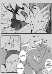 absurd_res anal anal_sex anthro black_tipped_ears blush blush_lines bodily_fluids canid canine canis caressing_face claws comic drooling duo eye_patch eyewear finger_claws fluffy fluffy_tail french_kissing from_front_position fur hair hair_over_eye hand_on_hip hi_res human human_on_anthro interspecies kissing male male/male mammal mastery_position mihoyo moan monochrome muzzle_(object) on_lap onomatopoeia penetration penile penile_penetration penis penis_in_ass saliva saliva_on_face sex sharp_teeth sloppy_kiss sound_effects speech_bubble tail tears teeth text von_lycaon vy_feehily white_body white_fur wise_(zenless_zone_zero) wolf zenless_zone_zero