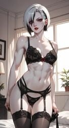 1girls ai_generated arlecchino_(genshin_impact) black_lingerie bra dominatrix female garter_belt garter_straps genshin_impact goth goth_girl lingerie panties red_lips stockings
