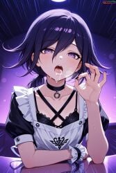 1femboy ai_generated bangs black_nails bra bra_strap choker collarbone criss-cross_halter danganronpa danganronpa_v3 fellatio_gesture feminine_body feminine_faced_male feminine_male flat_chest hi_res high_quality high_resolution highres long_hair maid mole otoko_no_ko ouma_kokichi paid_reward_available ponytail purple_eyes purple_hair saliva sweat sweatdrop sweating trap velutinx visible_breath wet wet_body wrist_cuffs
