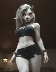 1girls ai_generated anthro beautiful bedroom blush breasts curvy_female ear ear_piercing female female_focus female_only fit_female flirting flirting_with_viewer fluffy_tail fur furry furry_only grey_fur grey_hair hellhound helluva_boss long_hair looking_at_viewer loona_(helluva_boss) muscular muscular_female posing_for_the_viewer realistic red_eyes red_sclera seductive seductive_look seductive_smile sexy sexy_body sexy_pose shorts slim_girl smile spiked_bracelet spiked_collar sunset tail two_tone_body two_tone_fur two_tone_tail voluptuous voluptuous_female white_body white_eyes white_fur wolf wolf_girl