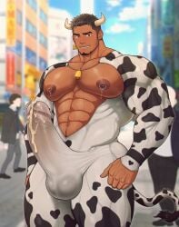 bara bara_tiddies bara_tits big_areola big_pecs bovine cow_ears cow_horns cow_print cowbell cum cumming dark-skinned_male exhibitionism gay gay_male gay_sex male male_lactation male_only masturbation milk milking muscles muscular muscular_male nipple_piercing nipples penis pierced_nipples piercing toto_(artist) touching_penis