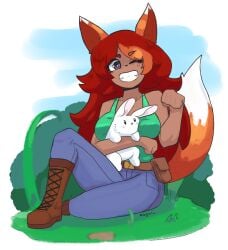 1girl blue_eyes bunny dark-skinned_female dark_skin dr_dewott female fully_clothed fully_clothed_female lycanthrope monster_girl paw_pose red_hair sfw smiling solo tail terraria zoologist_(terraria)