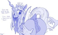 2018 alicorn anatomically_correct anatomically_correct_pussy animal_genitalia animal_pussy anus bestiality changeling crown dialogue dock english_text equine equine_pussy faceless_male fangs female female_focus feral friendship_is_magic hair highres horn horse human interspecies looking_back male male_human/female_feral male_on_feral mammal mare monochrome my_little_pony nude offscreen_character pony pusspuss pussy queen_chrysalis_(mlp) secretly_loves_it simple_background solo_focus straight text tongue until_they_like_it vulva white_background wings zoophilia