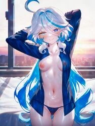 absurd_res ahoge ai_generated alternate_costume arm_behind_head arms_behind_head arms_up artist_name ass_visible_through_thighs backlighting bed bed_sheet black_panties blonde_hair blue_eyes blue_hair blue_skin blue_sky blush breasts breasts_apart brown_panties brown_shirt cameltoe city cityscape closed_mouth collarbone collared_shirt colored_inner_hair colored_nipples colored_sclera colored_skin covered_nipples cowboy_shot cowlick curly_hair curtains dark_nipples day drop-shaped_pupils female furina_(genshin_impact) genshin_impact grey_eyes groin hair_between_eyes hair_intakes head_tilt heterochromia indoors light_blue_hair light_particles light_smile lingerie long_bangs long_hair long_sleeves looking_at_viewer medium_breasts micro_panties ministro mismatched_pupils morning multicolored_hair navel nipples no_bra no_headwear no_pants on_bed one_breast_out open_clothes open_shirt orange_panties orange_shirt pajamas panties petite pussy red_eyes red_panties red_shirt see-through see-through_shirt self_upload shiny_skin shirt side-tie_panties sidelocks signature sitting skindentation sky small_breasts smile solo standing stomach streaked_hair string_panties sunlight sweat sweatdrop symbol-shaped_pupils thigh_gap thighs thong two-tone_hair underwear very_long_hair waking_up wavy_hair wet wet_clothes white_hair white_skin window yellow_eyes
