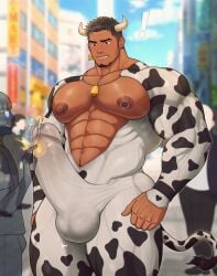 bara bara_tiddies bara_tits big_areola big_pecs bovine cow_ears cow_horns cow_print cowbell cum cumming dark-skinned_male exhibitionism gay gay_male gay_sex male male_lactation male_only masturbation milk milking muscles muscular muscular_male nipple_piercing nipples penis pierced_nipples piercing toto_(artist) touching_penis