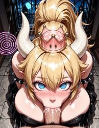 1boy :>= @_@ ai_generated armlet bare_shoulders black_dress blonde_hair blue_eyes blush bowsette bracelet breasts cleavage clothing coin collar crown cum cum_in_mouth cum_overflow dress ear_blush earrings ejaculation erection eyelashes fellatio female female from_above full_moon hair_between_eyes horns hypnosis indoors jewelry jousneystudio large_breasts large_penis long_hair looking_at_viewer male male_pubic_hair mario_(series) mind_control moon new_super_mario_bros._u_deluxe night nintendo nose_blush oral pendulum penis pointy_ears ponytail pov_crotch pubic_hair saliva shiny_skin solo_focus spiked_armlet spiked_bracelet spiked_collar spikes straight strapless strapless_dress super_crown super_mario_bros. trembling veins veiny_penis