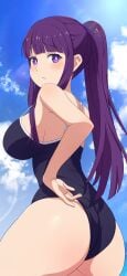 ass back_view breasts eyelashes fern_(sousou_no_frieren) grabbing_ass highres looking_back makeup ponytail purple_eyes purple_hair sad sky small_waist sousou_no_frieren sunlight swimsuit teenager waifu2x white_iris white_skin