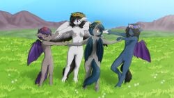 16:9 absurd_res anthro ass bat blush breasts casual_nudity equid equine female flat_chested genitals group hand_holding hasbro hi_res horse ipomoea_(oc) lamika mammal my_little_pony nipples nolegs_(oc) nude outside pony pubes pussy small_breasts smile speck_(nukepone) the-minuscule-task widescreen