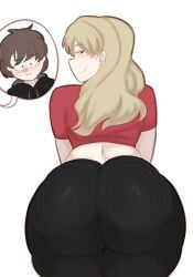 1boy 1boy1girl 1girls ass big_ass blonde_hair blush brown_eyes brown_hair bubble_butt commission huge_ass lewddoodler oc original_character original_characters red_eyes shorter_male smiling taller_female taller_girl teasing tight_pants