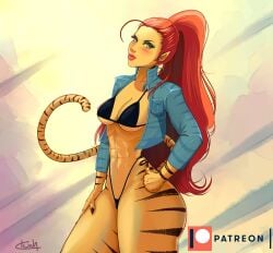 1girls abs ass big_ass big_thighs bikini feline feline_humanoid female fit fit_abs fit_female lean_body markings marvel red_hair sling_bikini small_jacket solo thick_thighs thighs thin_waist tigra tunaman weretiger