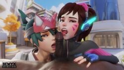 3d 3d_animation animated bewyx blowjob d.va dark-skinned_male ffm_threesome kiriko_(overwatch) licking licking_penis overwatch overwatch_2 tagme threesome video