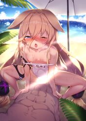 1boy abs absurdres alternate_costume animal_ears areolae arm_strap bangs beach beach_umbrella blonde_hair blue_eyes blue_sky blurry blurry_background blush breasts character_name collarbone covered_navel cowgirl_position day eyebrows_visible_through_hair female g41_(girls'_frontline) girls'_frontline hair_between_eyes hair_ornament half-closed_eye heterochromia highres light_censor long_hair looking_at_viewer muscle nipples ocean oerba_yun_fang one-piece_swimsuit one_eye_closed open_mouth outdoors palm_leaf palm_tree saliva saliva_trail sand school_swimsuit sex shade shennai_misha sky small_breasts straddling straight sunlight sweat swimsuit tearing_up thigh_strap tree twintails umbrella very_long_hair water white_school_swimsuit white_swimsuit