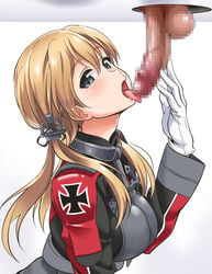 1boy 1girls anchor_hair_ornament black_eyes blonde_hair blush breasts censored erection eyebrows_visible_through_hair fellatio female from_side german germany glory_hole gloves hair_between_eyes hair_ornament imminent_fellatio imminent_oral kantai_collection large_breasts long_hair long_sleeves low_twintails milking_table national_personification nazi open_mouth oral penis prinz_eugen_(kantai_collection) shirt straight testicles tongue tongue_out twintails white_background white_gloves youkan