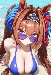 ai_generated animal_ears beach bikini breasts daiwa_scarlet_(umamusume) female hips horse_girl looking_at_viewer pussy red_eyes ribbon_in_hair sunglasses tiara twintails umamusume umamusume_pretty_derby