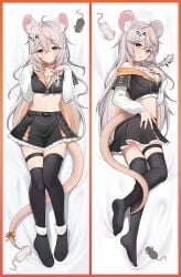 blush braid braided_hair clothing dakimakura dakimakura_design female female_only flower_in_hair grey_hair hand_on_chest hand_on_hip leggings looking_at_viewer on_back on_side open_mouth orange_eyes rat rat_ears rat_girl rat_tail ratsukare ribbon_choker rythae skirt smile tail tail_ribbon toes toes_visible_through_clothing vtuber