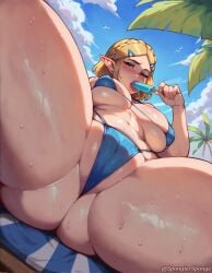 ai_assisted ai_generated ass beach big_breasts blonde_hair blue_bikini blue_eyes breasts cameltoe close-up curvaceous curvy curvy_female curvy_figure elf elf_ears from_below hair_pin hairpin half-closed_eyes huge_breasts large_breasts looking_at_viewer micro_bikini nintendo pointy_ears popsicle princess_zelda short_hair sitting spongiersponge the_legend_of_zelda the_legend_of_zelda:_tears_of_the_kingdom thick_thighs tongue tongue_out underboob voluptuous voluptuous_female zelda_(tears_of_the_kingdom)