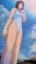 anime_screenshot beach bikini blue_bikini blue_sky bob_cut breasts brown_eyes brown_hair cleavage cloud cloudy_sky ecchi_san initial_d looking_at_sky looking_up medium_breasts mogi_natsuki natsuki_mogi official_art one-piece_swimsuit screencap short_hair sky solo standing stitched sunlight swimsuit third-party_edit