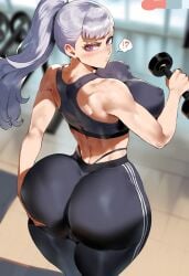 ? ?! ai_generated ass_focus ass_grab black_clover blush blush breasts breasts breasts exposed_ass eye_contact female female female_focus female_only full_body fully_clothed grabbing_ass gym gym_clothes gym_clothing gym_shirt gym_uniform hair long_hair meiogun nipples_visible_through_clothing noelle_silva pov purple_eyes silver_hair sports_bra sports_uniform twintails