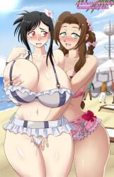 2girls aerith_gainsborough beach big_areola big_breasts bikini blush blushing brown_hair dark_hair darm_engine final_fantasy_vii final_fantasy_vii_rebirth final_fantasy_vii_remake fingering fingering_partner grabbing_from_behind green_eyes huge_breasts masturbating nipples_visible_through_clothing ocean open_mouth ponytail pussy_juice pussy_juice_drip red_eyes thick_thighs tifa_lockhart tight_clothing top_heavy video_game_character video_games voluptuous voluptuous_female wide_hips