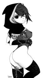 ass_focus ayase_momo black_stockings dandadan earrings erect_nipples hood leotard lingerie long_gloves looking_at_viewer ltstry medium_hair monochrome stockings transparent_clothing transparent_leotard